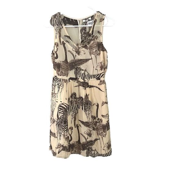 Madewell Womens Ivory Safari Silk Dress 4 Midi Sleeveless V-Neck Elephant Zebra - Picture 2 of 9